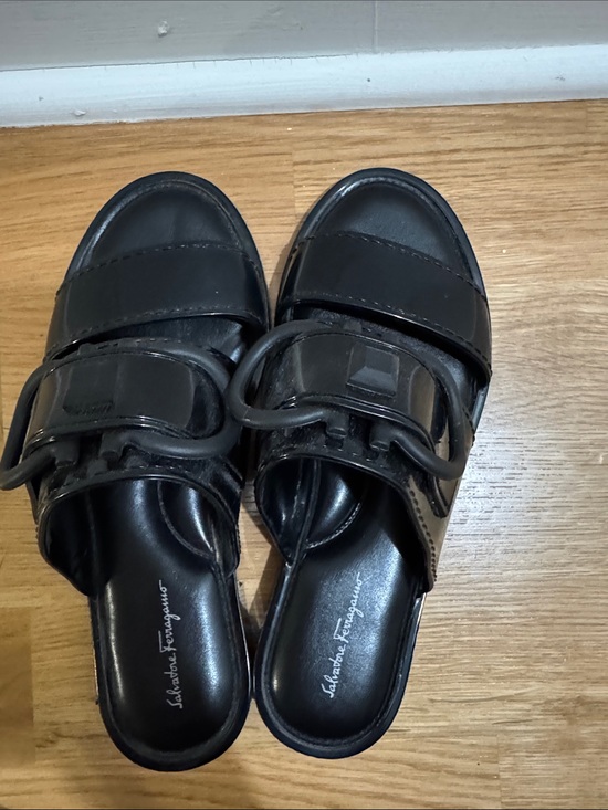 Salvatore Ferragamo Shoes - Salvatore Ferragamo Black Leather Buckle Slide Sandals- Sz 6C